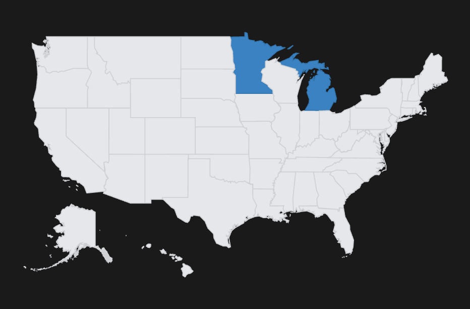 USA map showing ping volume by state with Minnesota and Michigan highlighted