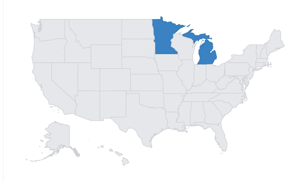USA map showing ping volume by state with Minnesota and Michigan highlighted